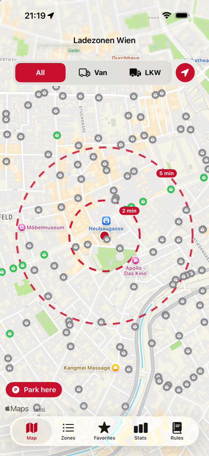 Ladezonen Wien App — Karte mit Live-Status